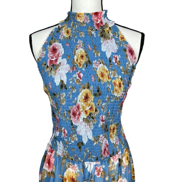 Venus Women's Maxi Cover Up Tunic Top XL Blue Floral Halter Smocked High Slit - Picture 2 of 11